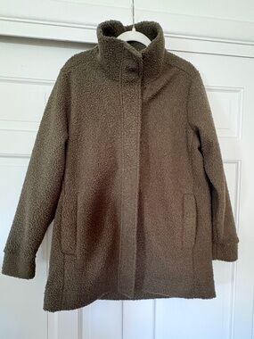 NWT Lands' End Women's Boucle Fleece Coat New Olive Green Jacket Large